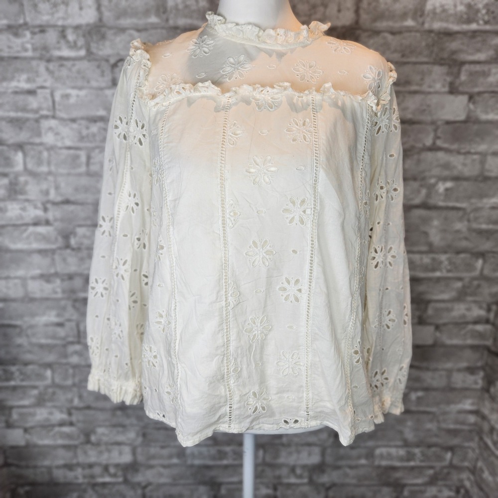J.Crew Eyelet Top White Floral Ruffle Lace Victorian Blouse Size M